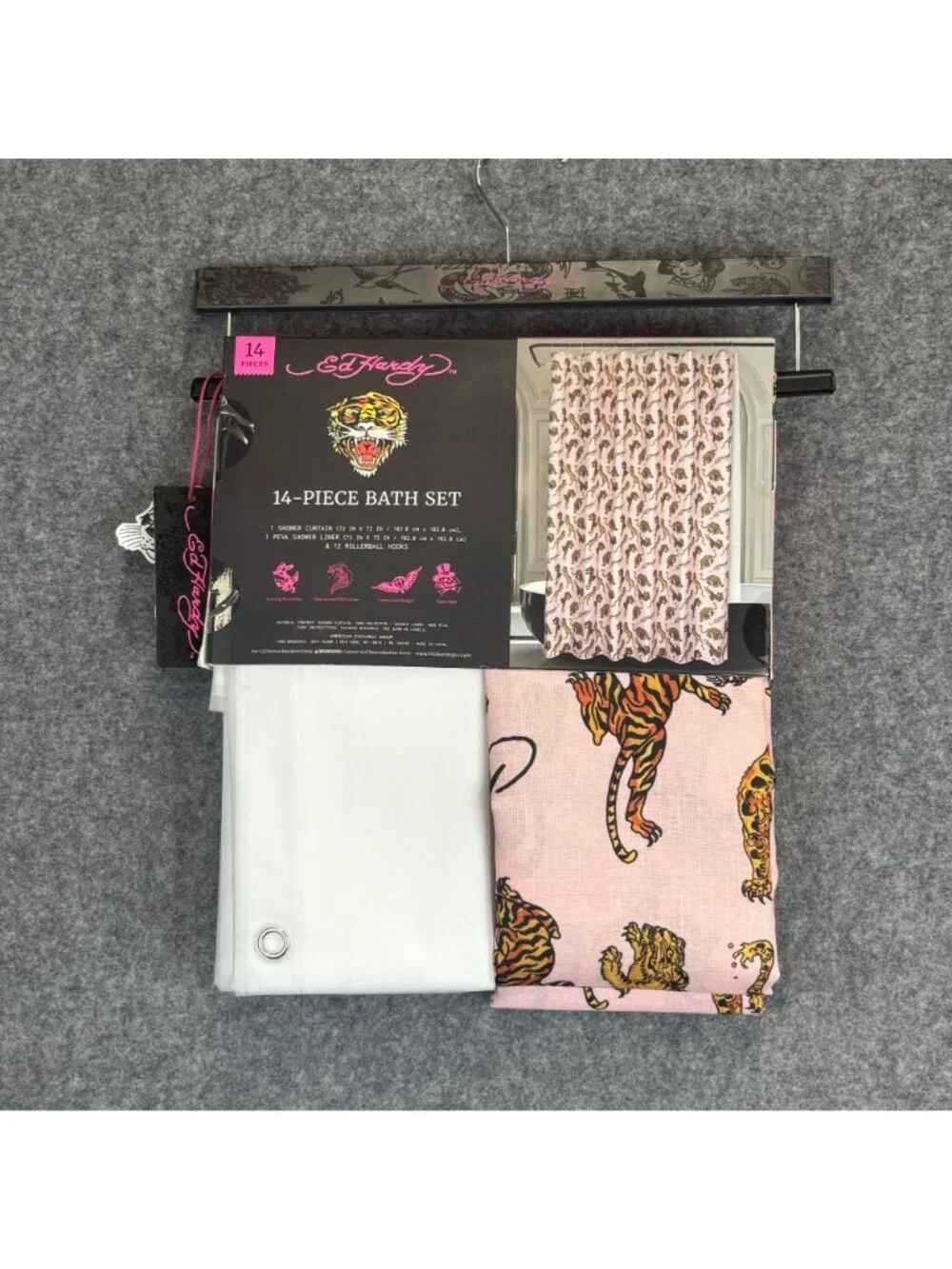Ed Hardy 14 Piece Bath Set w Shower Curtain Liner w Hooks Pink Tiger Design